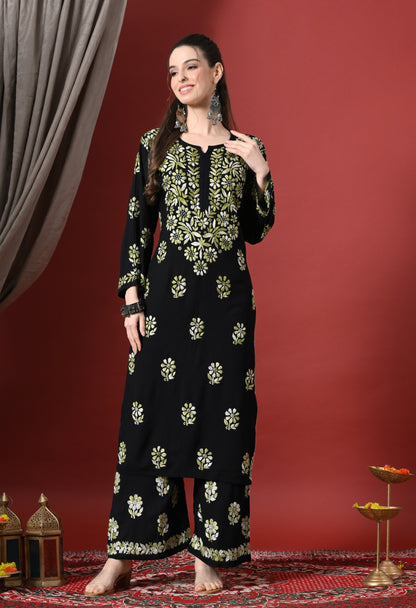 Syrish Elegance Handcrafted Rayon Chikankari Set-Green