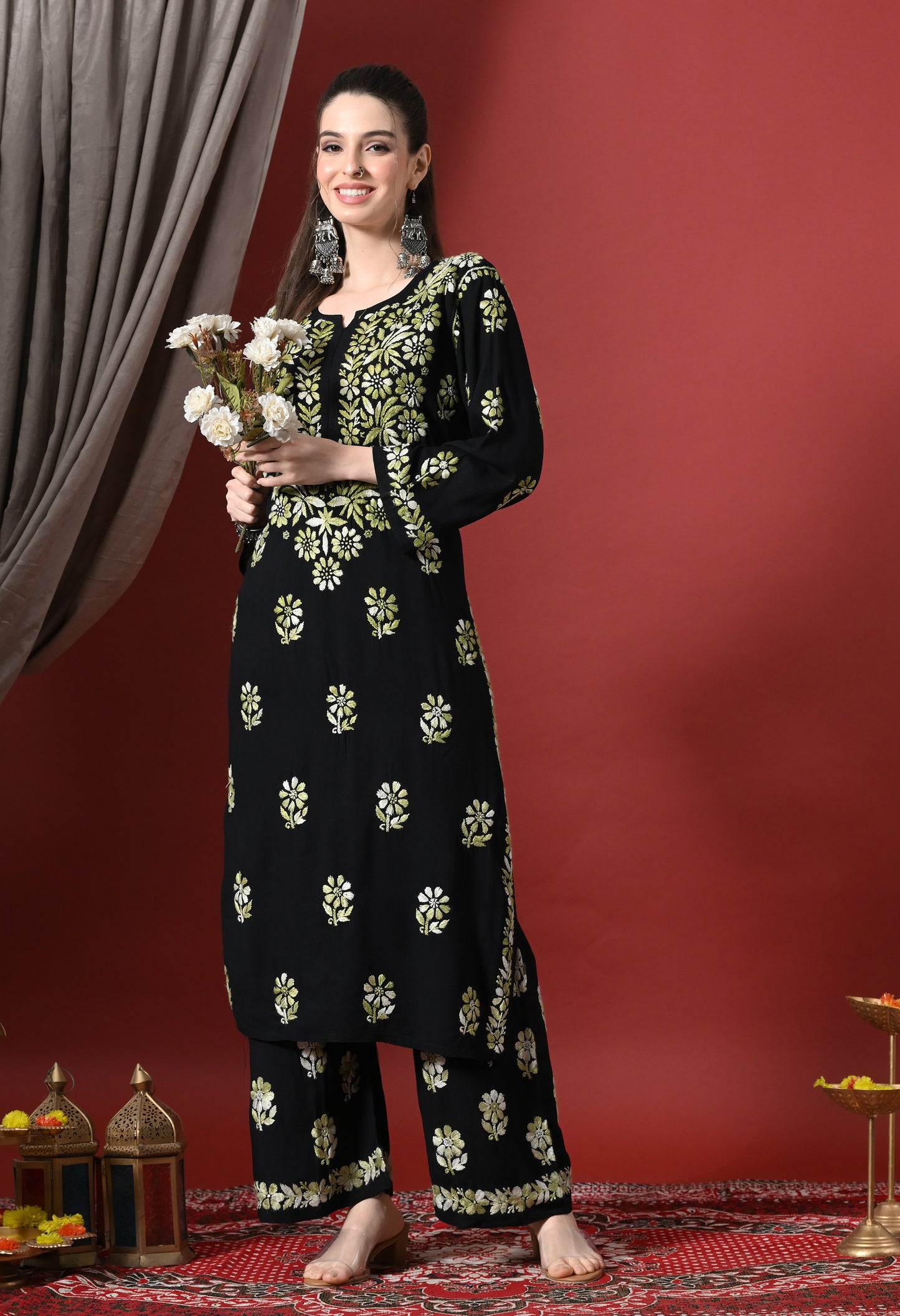 Syrish Elegance Handcrafted Rayon Chikankari Set-Green