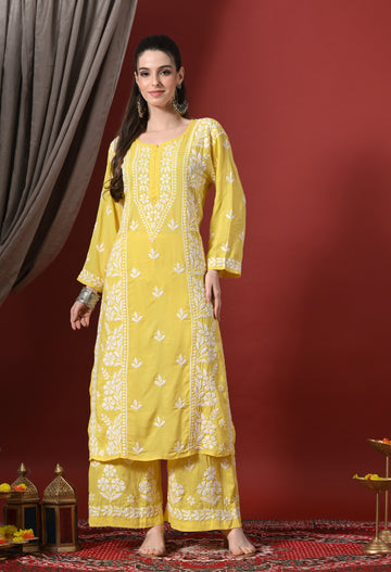 Premium Modal Chikankari Embroidered Set - Dark Yellow
