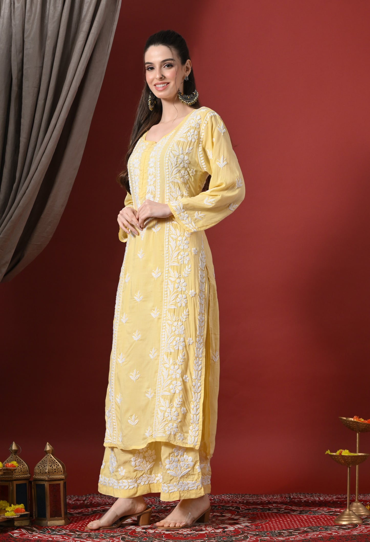 Premium Modal Chikankari Embroidered Set - Lemon Yellow