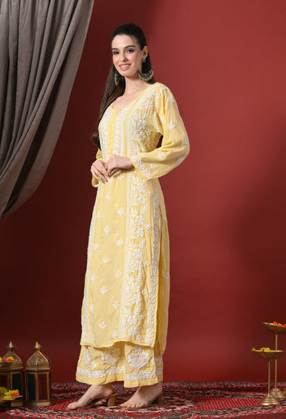 Premium Modal Chikankari Embroidered Set - Lemon Yellow