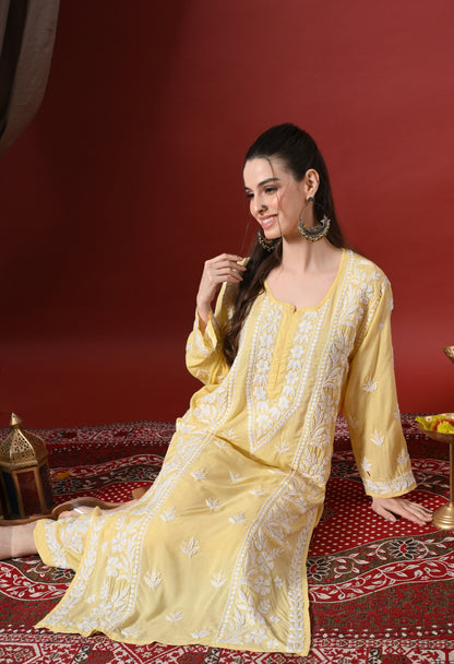 Premium Modal Chikankari Embroidered Set - Lemon Yellow