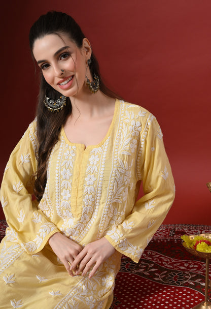 Premium Modal Chikankari Embroidered Set - Lemon Yellow