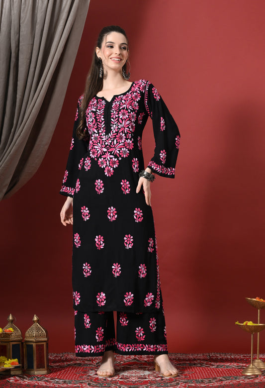 Syrish Elegance Handcrafted Rayon Chikankari Set-Pink