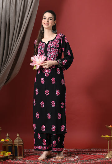 Syrish Elegance Handcrafted Rayon Chikankari Set – Pink