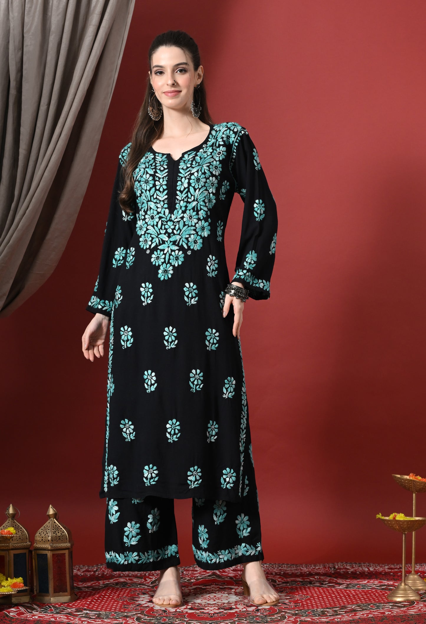 Syrish Elegance Handcrafted Rayon Chikankari Set-Blue