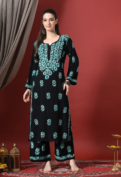 Syrish Elegance Handcrafted Rayon Chikankari Set-Blue