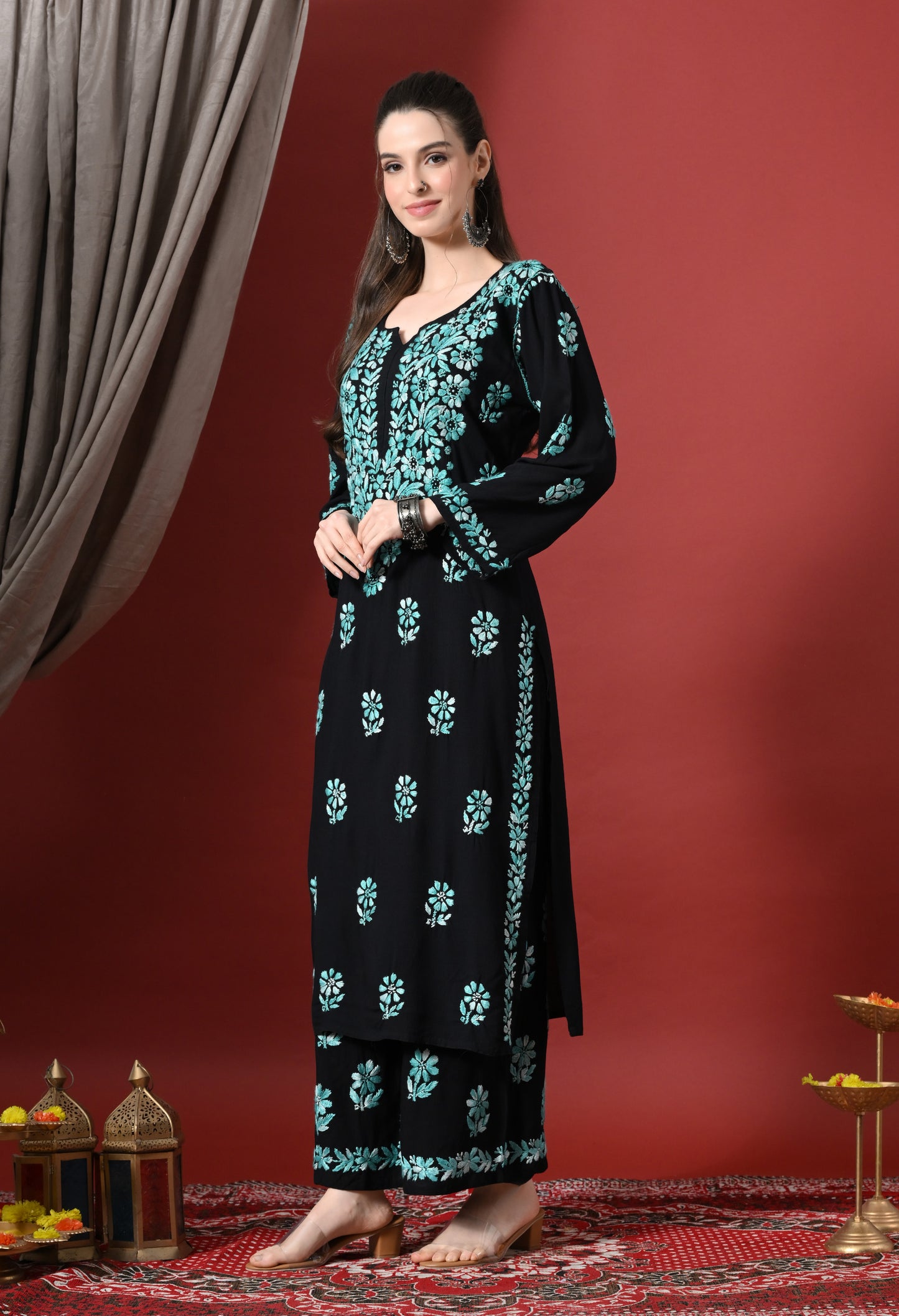 Syrish Elegance Handcrafted Rayon Chikankari Set-Blue