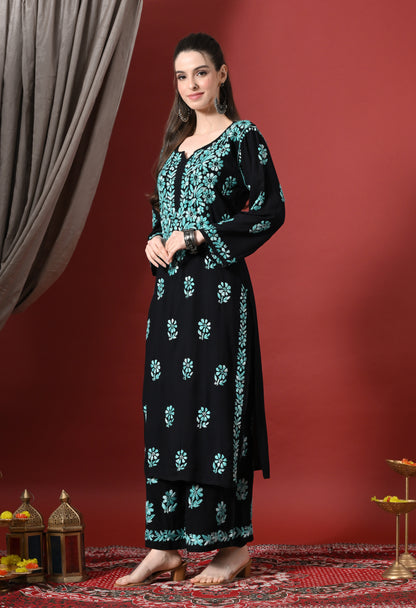 Syrish Elegance Handcrafted Rayon Chikankari Set-Blue