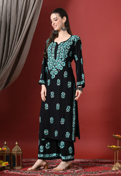 Syrish Elegance Handcrafted Rayon Chikankari Set-Blue