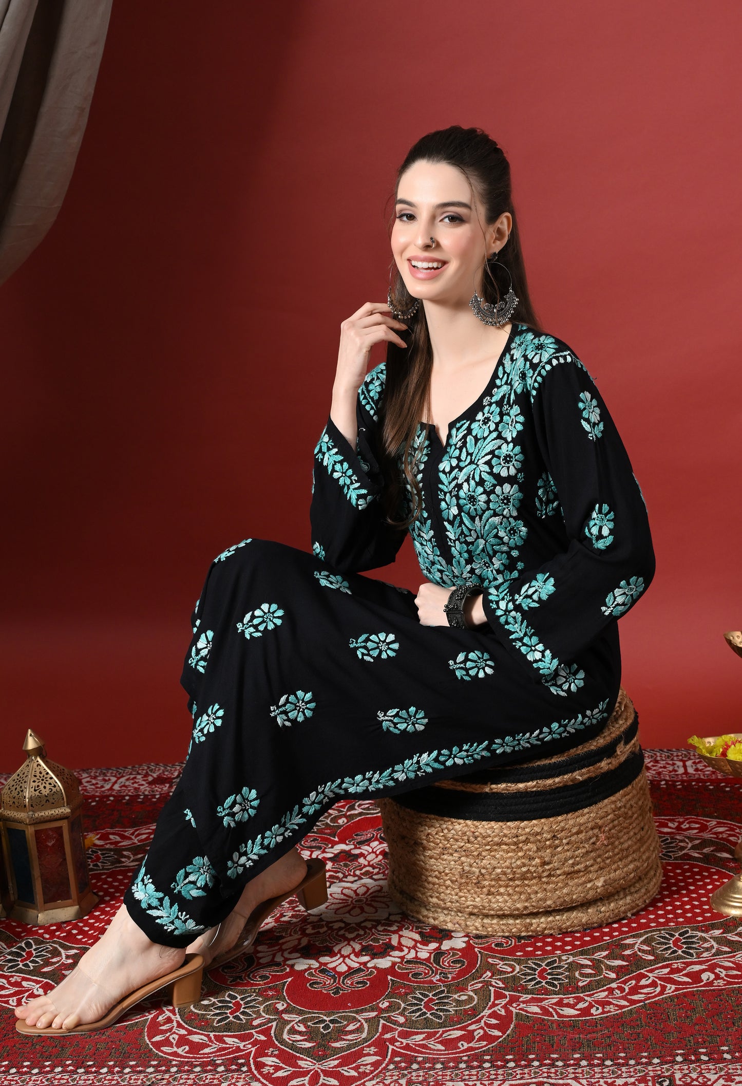 Syrish Elegance Handcrafted Rayon Chikankari Set-Blue