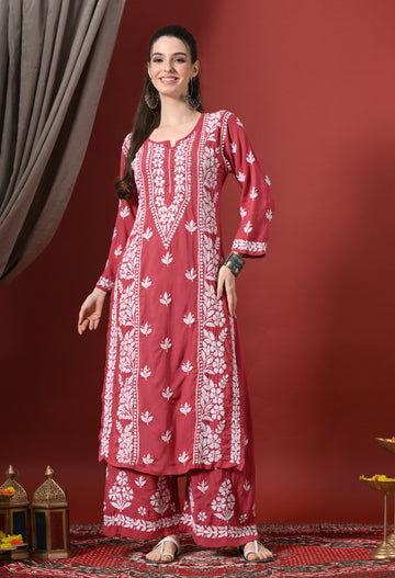 Premium Modal Chikankari Embroidered Set - Onion Pink