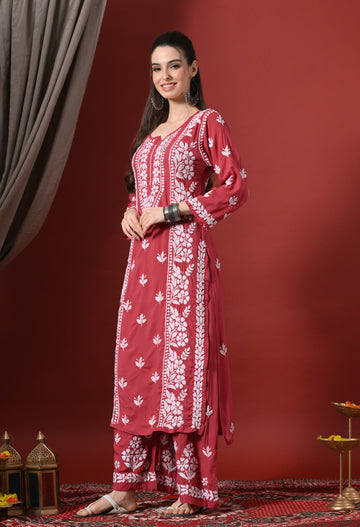 Premium Modal Chikankari Embroidered Set – Red