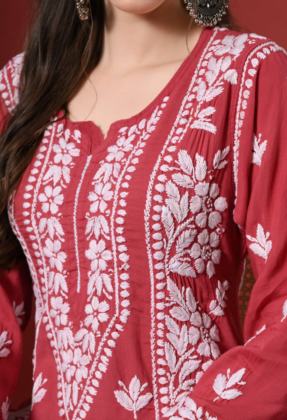 Premium Modal Chikankari Embroidered Set – Red