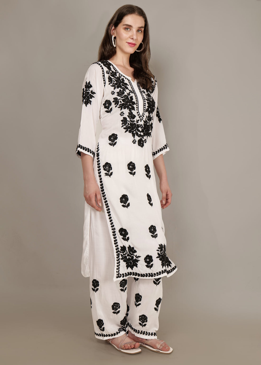 Pure Modal White & Black Hand Embroidered Lucknow Chikankari Kurta Plazzo set