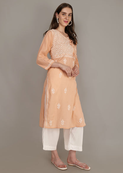 Pure Cotton Hand Embroided Lucknow Chikankari Angrakha Style Kurta - Orange