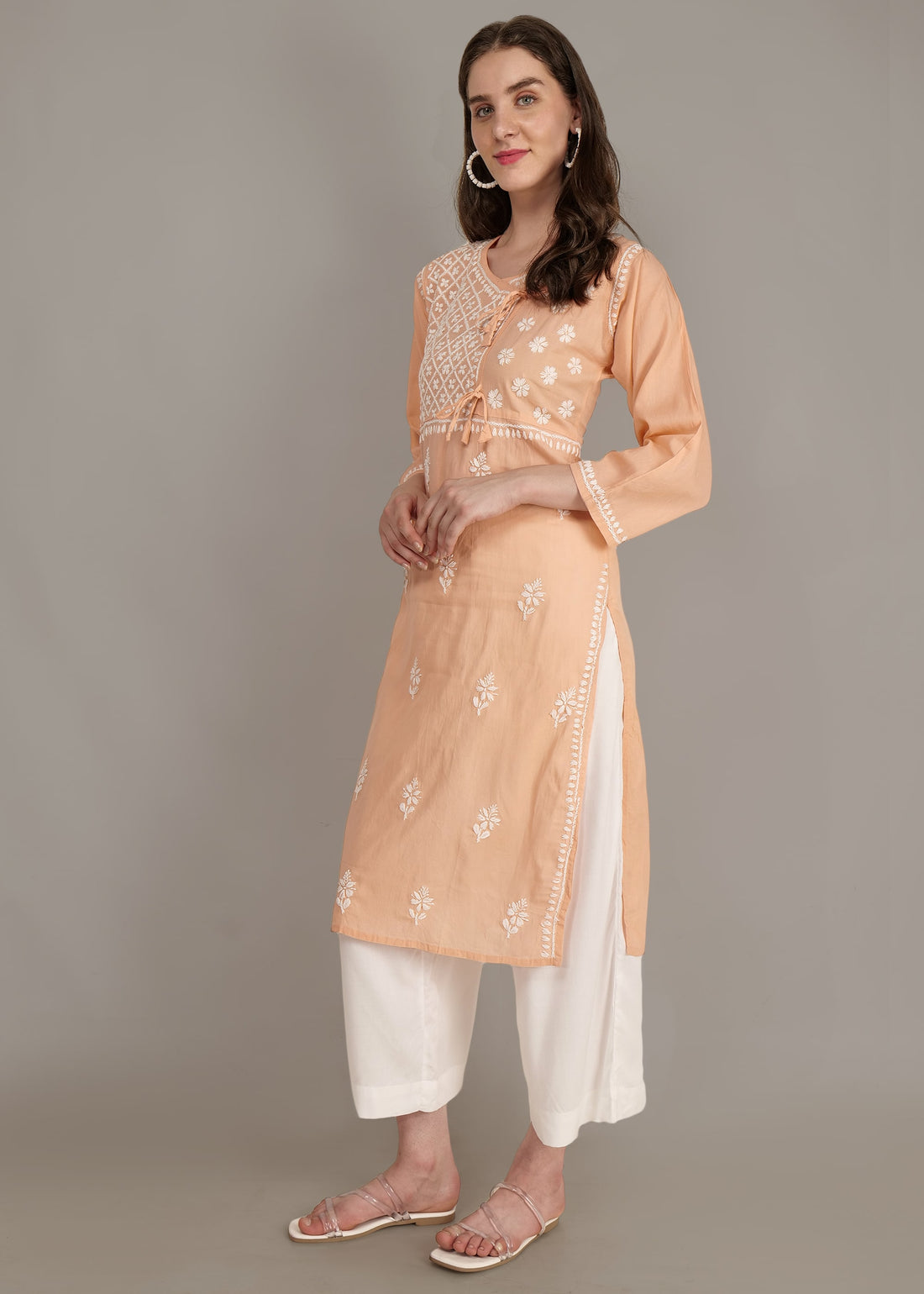 Pure Cotton Hand Embroided Lucknow Chikankari Angrakha Style Kurta - Orange
