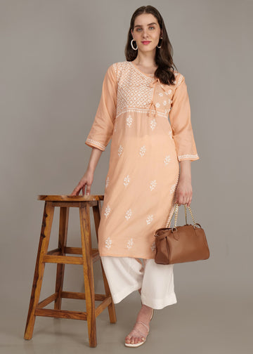 Pure Cotton Hand Embroided Lucknow Chikankari Angrakha Style Kurta - Orange