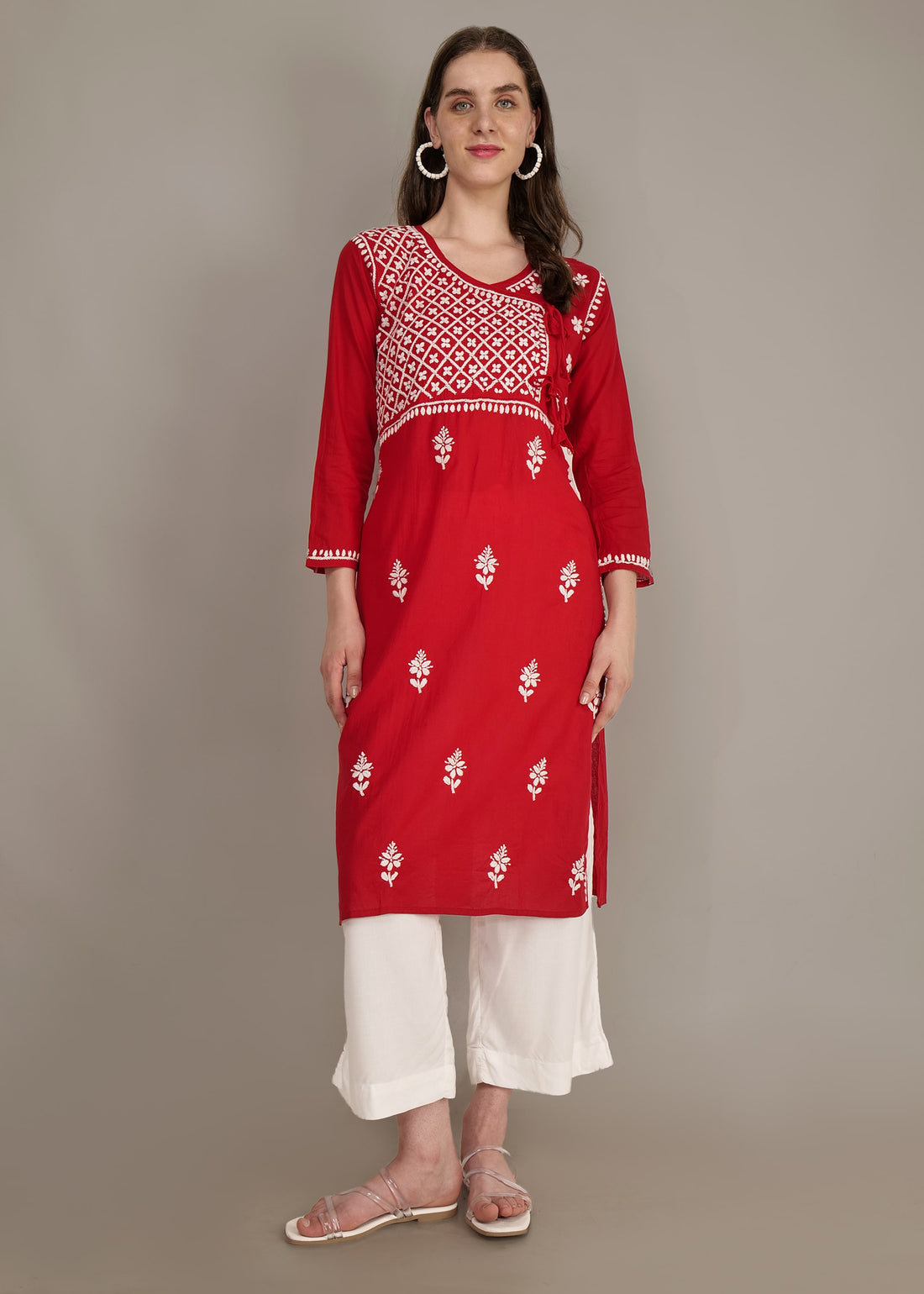 Pure Cotton  Hand Embroided Lucknow Chikankar Angrakha Style Kurta - Red