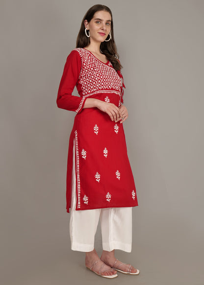 Pure Cotton  Hand Embroided Lucknow Chikankar Angrakha Style Kurta - Red