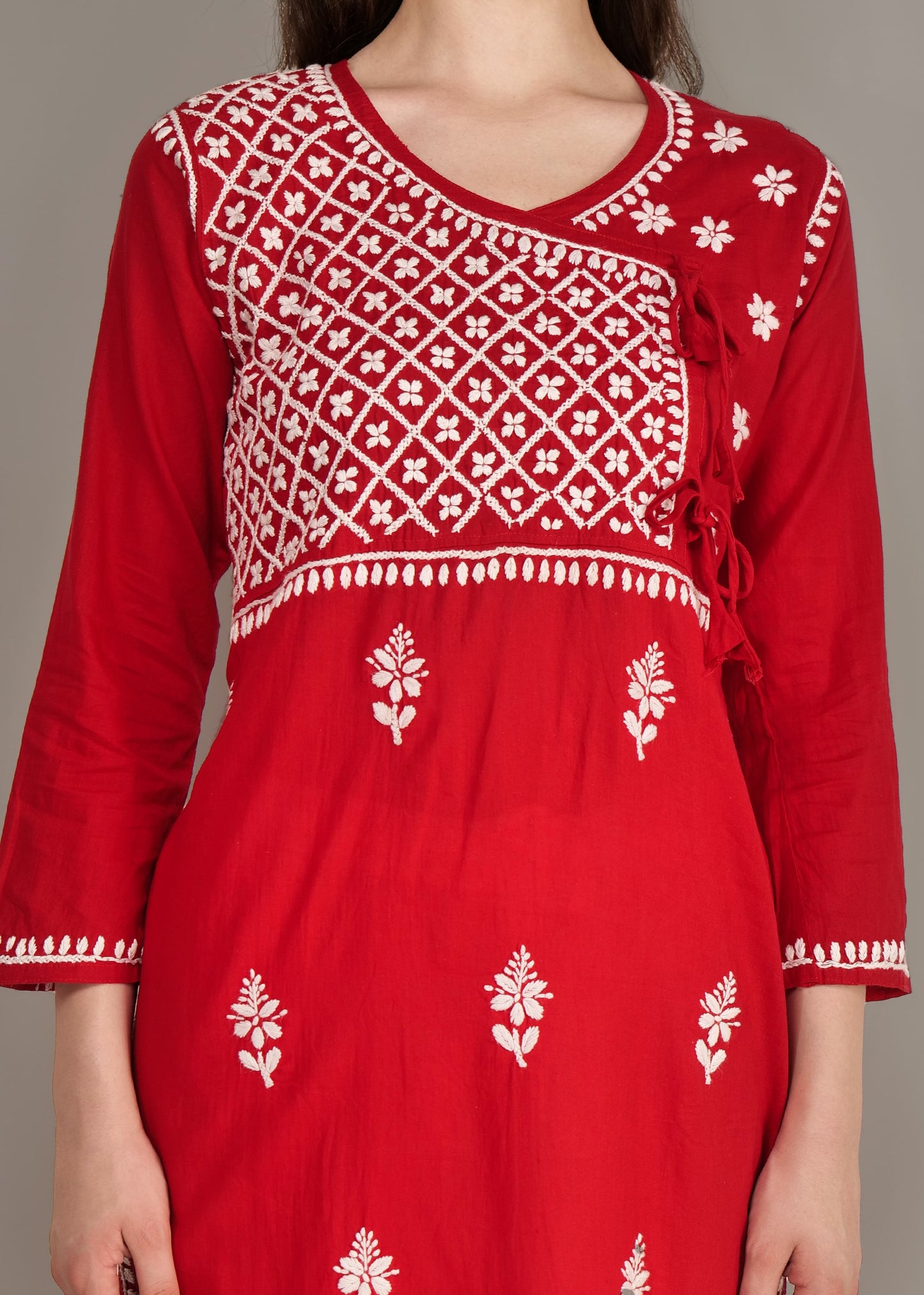 Pure Cotton  Hand Embroided Lucknow Chikankar Angrakha Style Kurta - Red