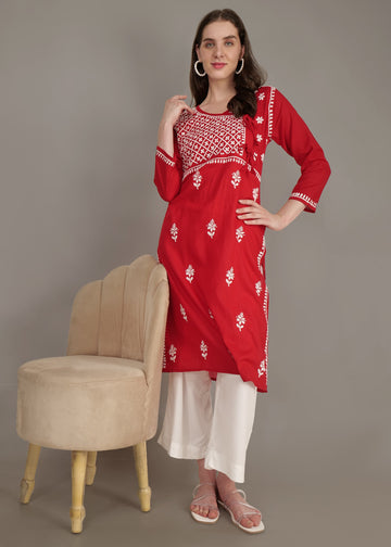 Pure Cotton  Hand Embroided Lucknow Chikankar Angrakha Style Kurta - Red