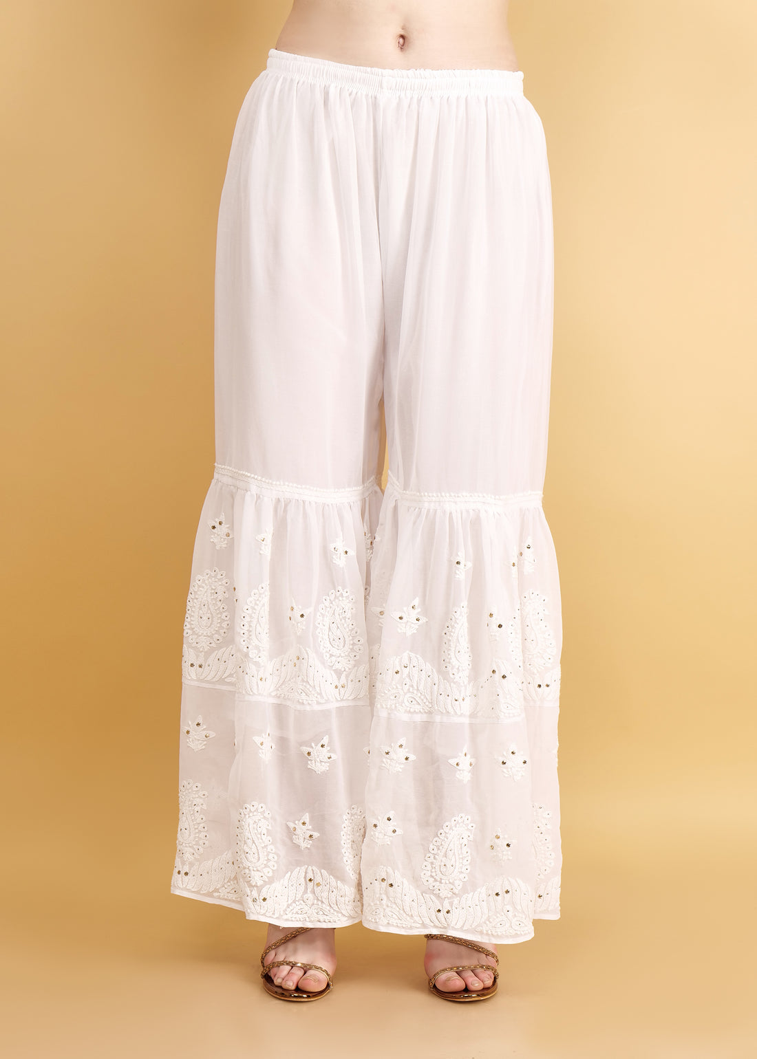 Hand Embroidered Chkankari Flared Sharara with Mukesh Work