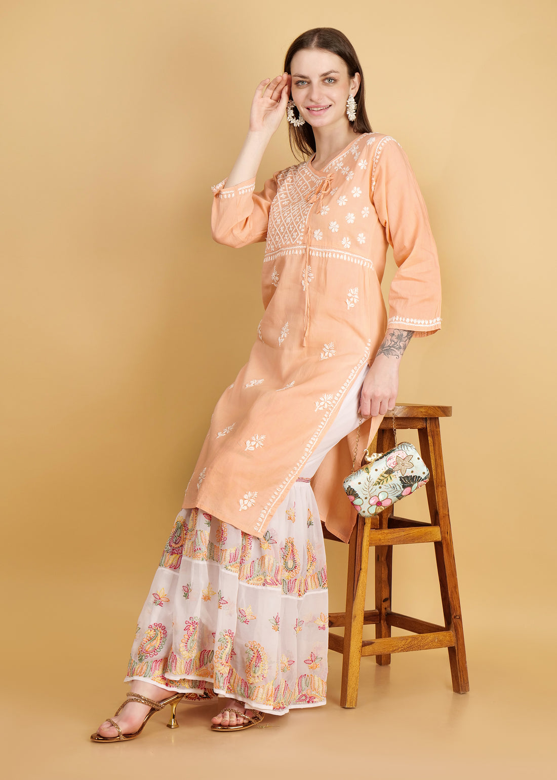 Hand Embroidered Georgette Multi Colored Chkankari Flared Sarara