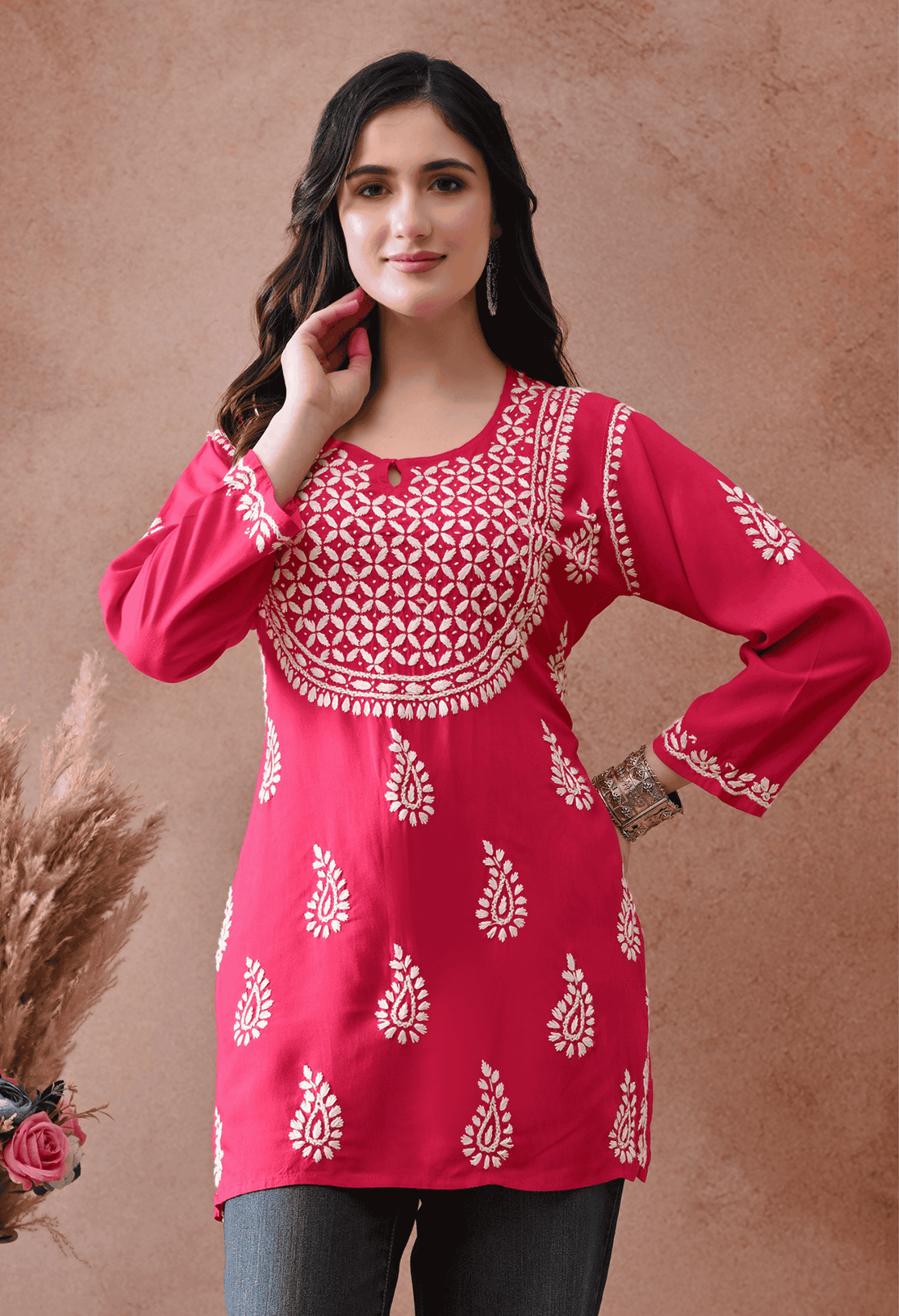 Pink Hand-Embroidered Chikankari Rayon Short Kurta