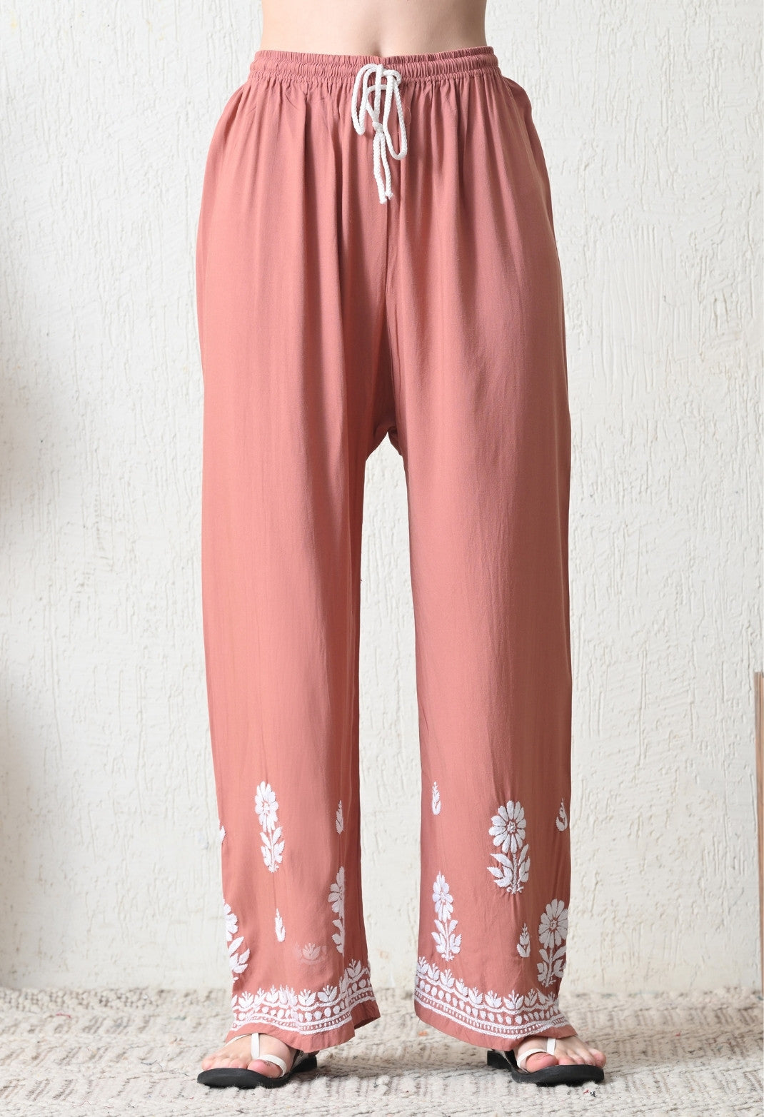 Peach Rayon Hand Embroidered Chikankari Kurta & PLazo Set with Floral Motifs