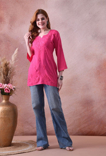 Rani Pink Rayon Chikankari Short Kurta