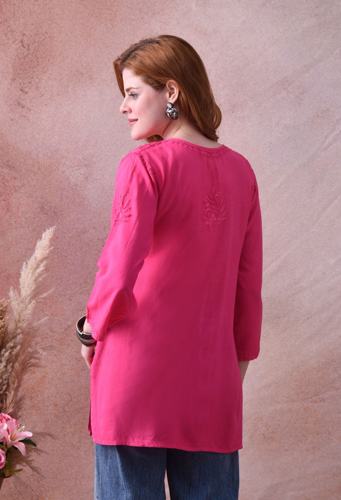 Rani Pink Rayon Chikankari Short Kurta