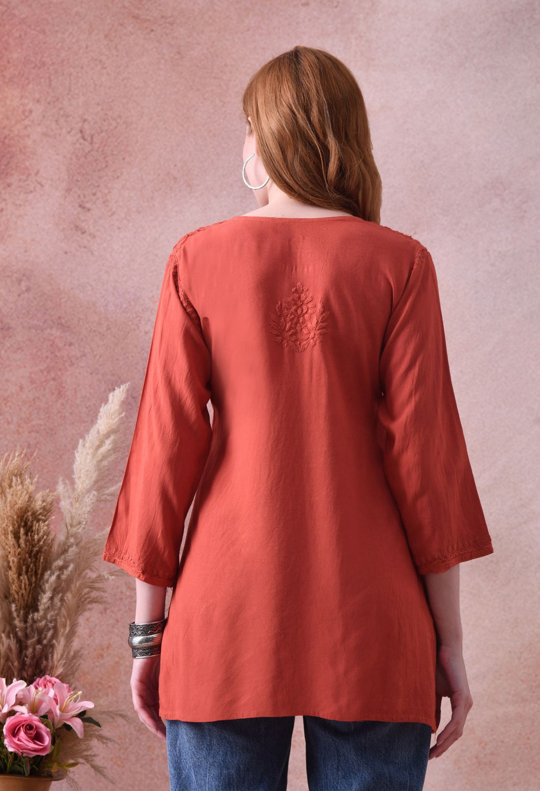 Rust Rayon Chikankari Short Kurta