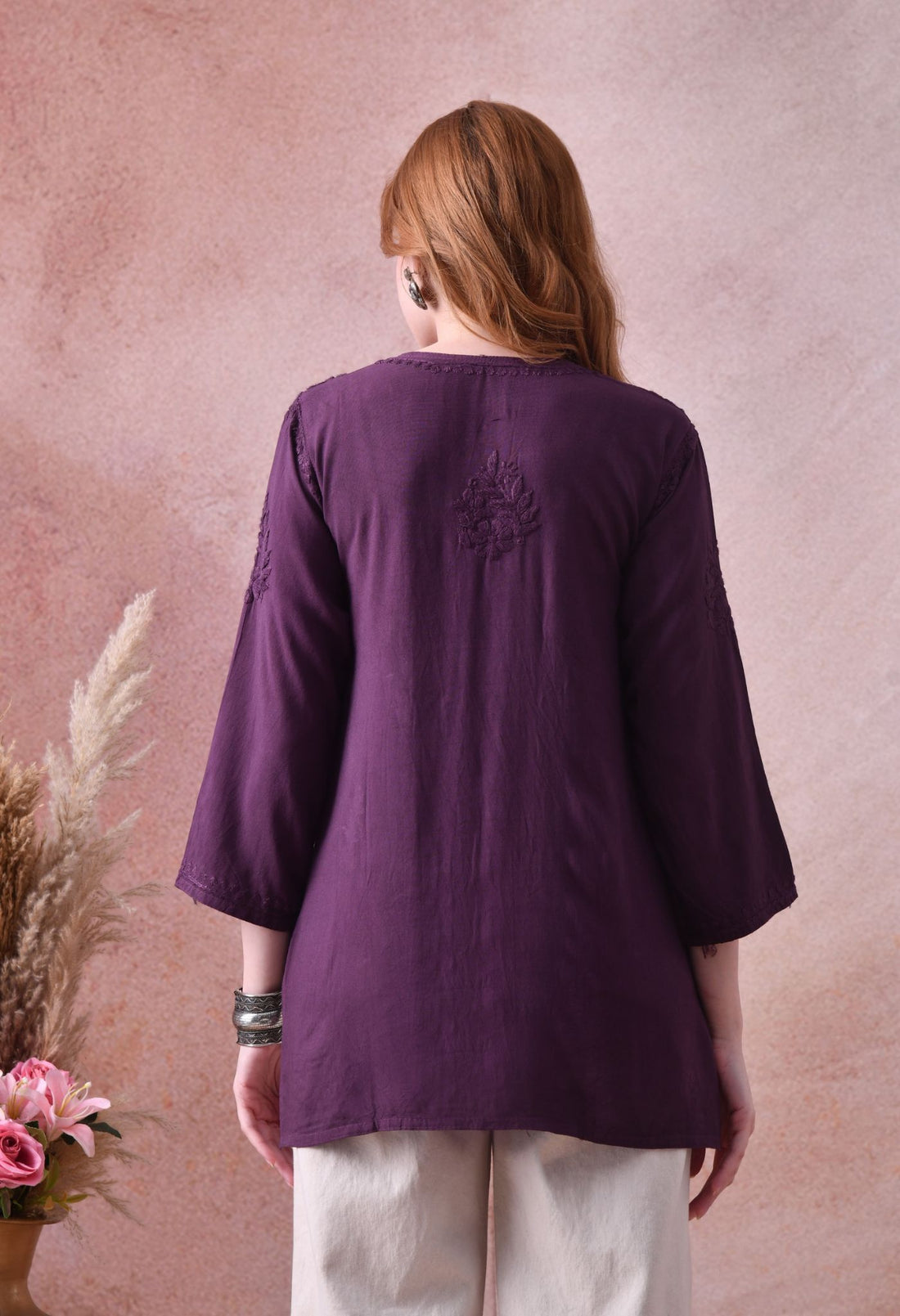 Wine Rayon Chikankari Short Kurta