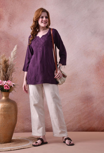 Wine Rayon Chikankari Short Kurta