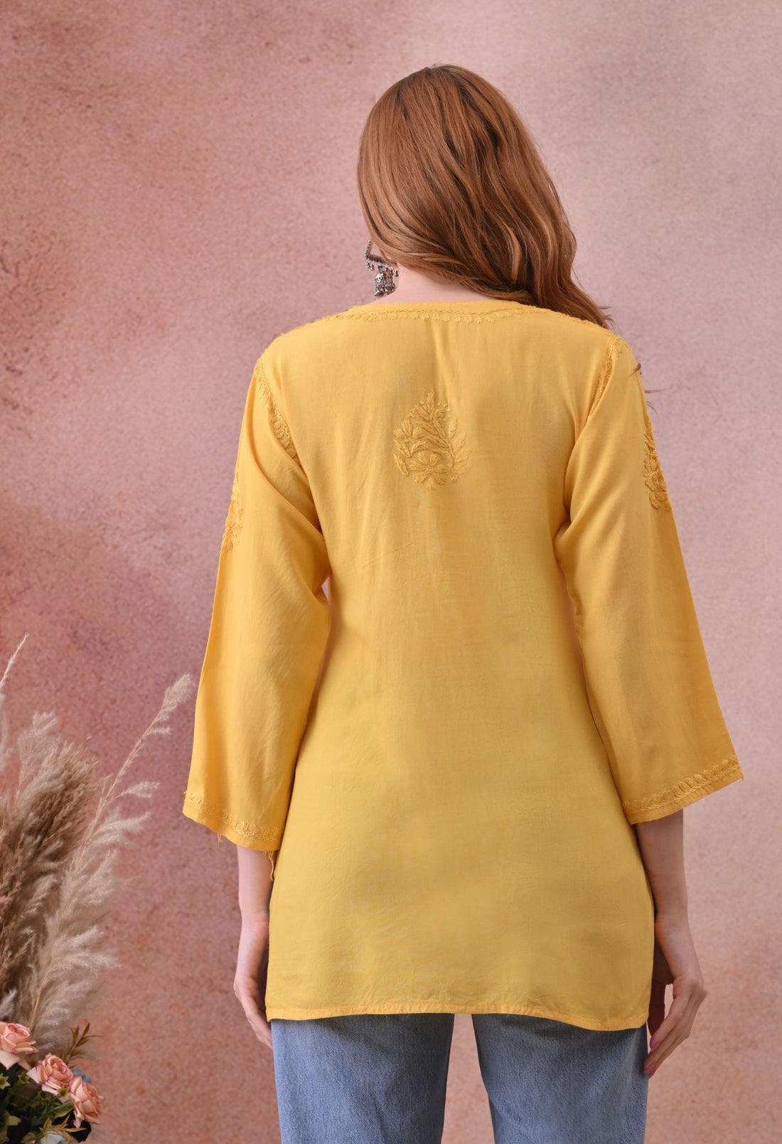 Yellow Rayon Chikankari Short Kurta