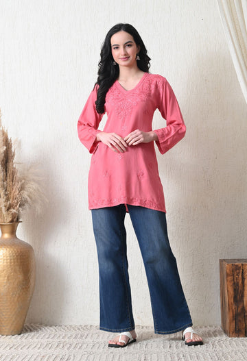 Onion Pink Rayon Chikankari Short Kurta
