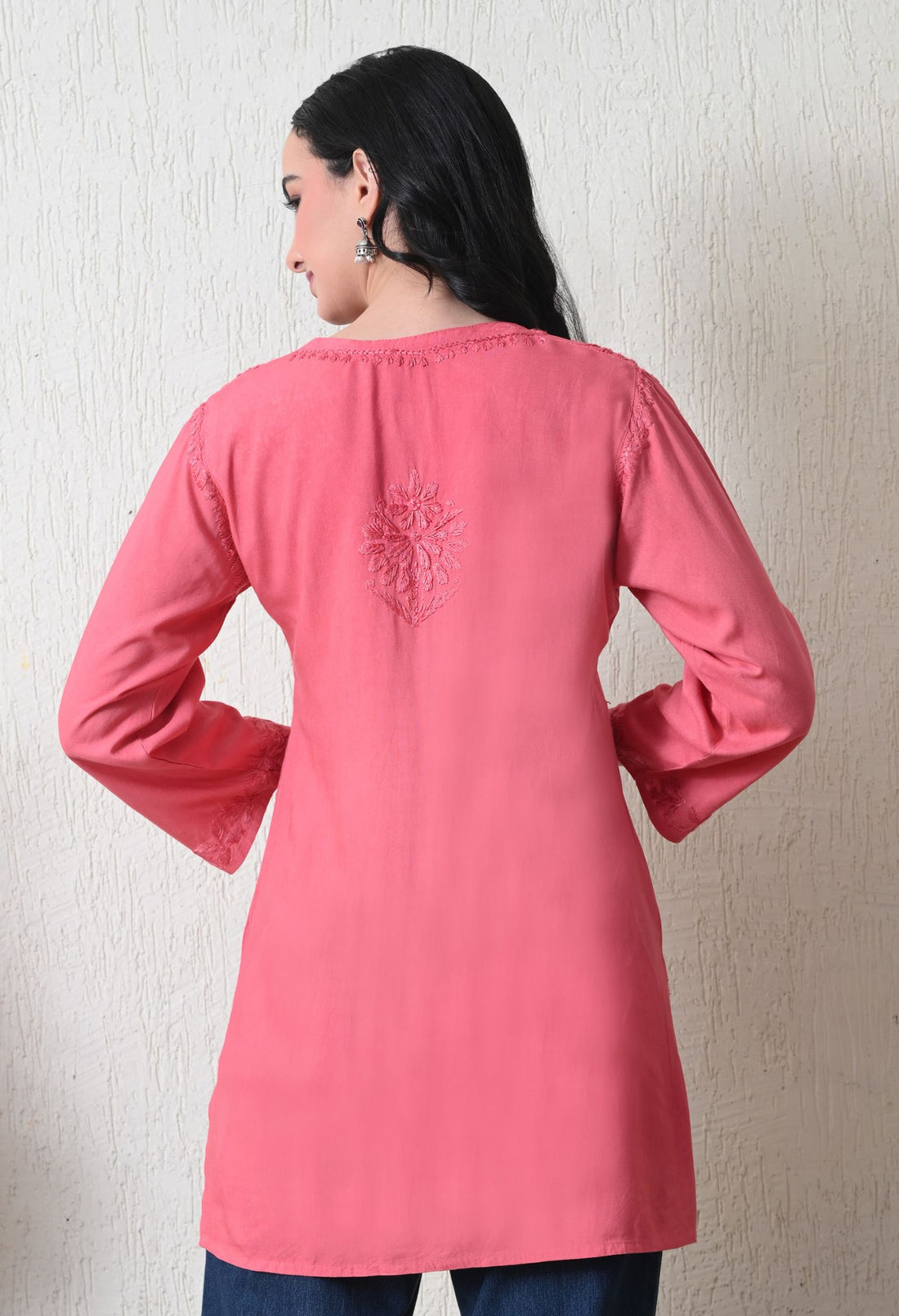 Onion Pink Rayon Chikankari Short Kurta