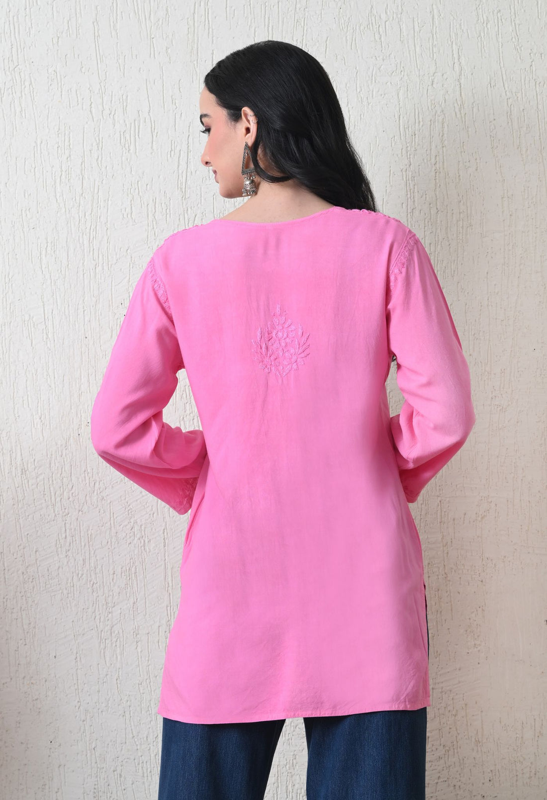 Pink Rayon Chikankari Short Kurta