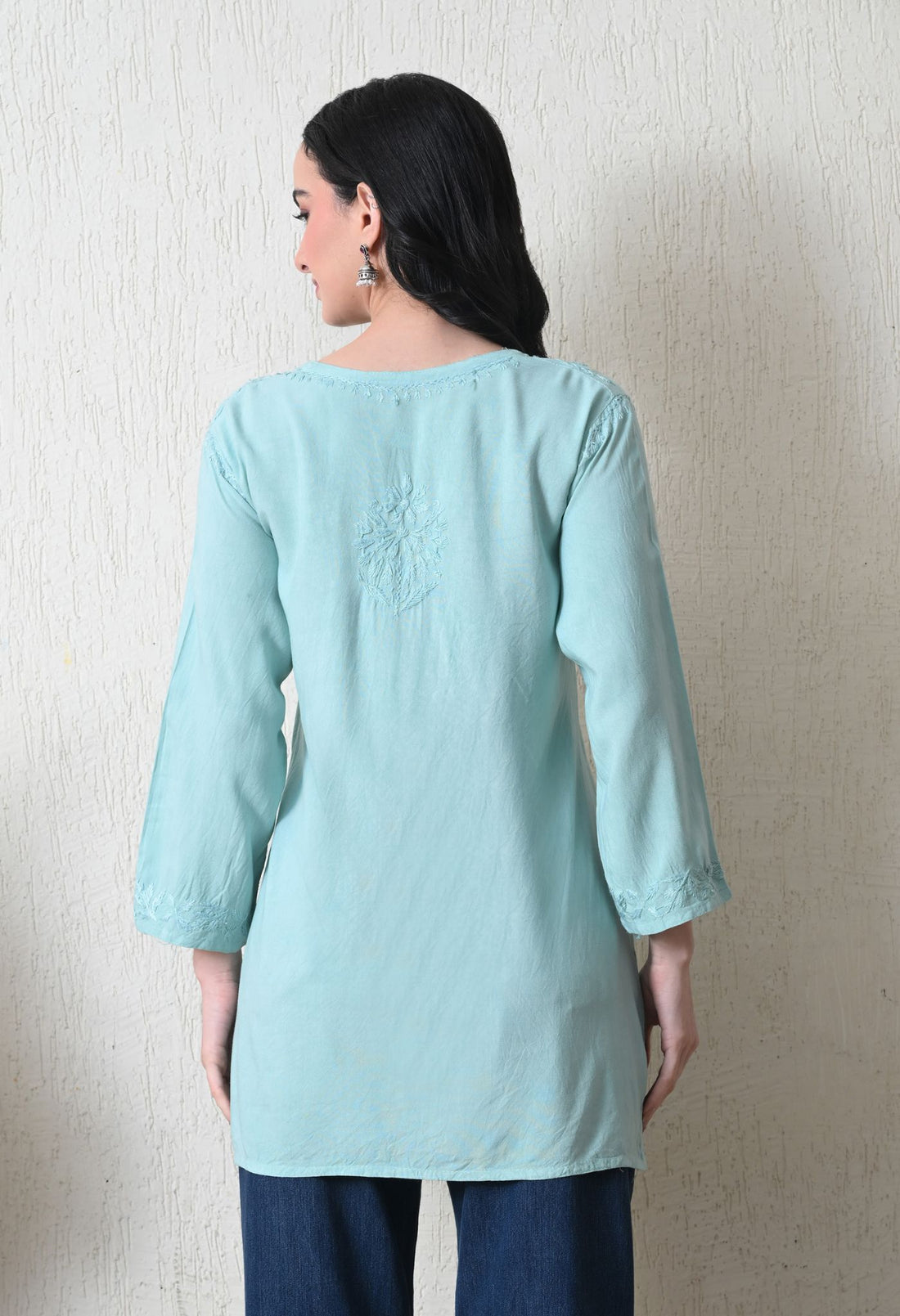 Aqua Blue Rayon Chikankari Short Kurta