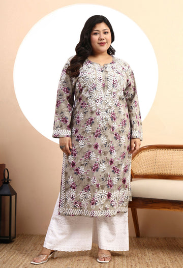 Women Grey Floral Hand-Embroidered Chikankari Mulmul Kurta
