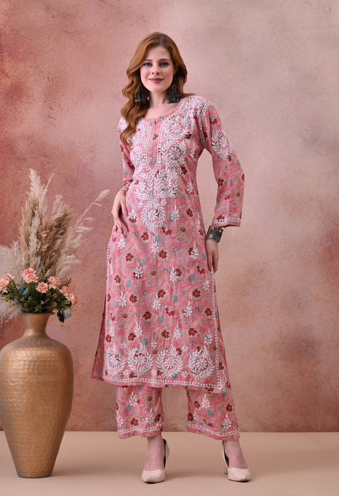Pink Hand-Embroidered Chikankari Rayon Kurta & Pant Set