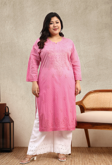 Pink Ombre Dobby Cotton Plus Size Hand Embroidered Chikankari Kurta