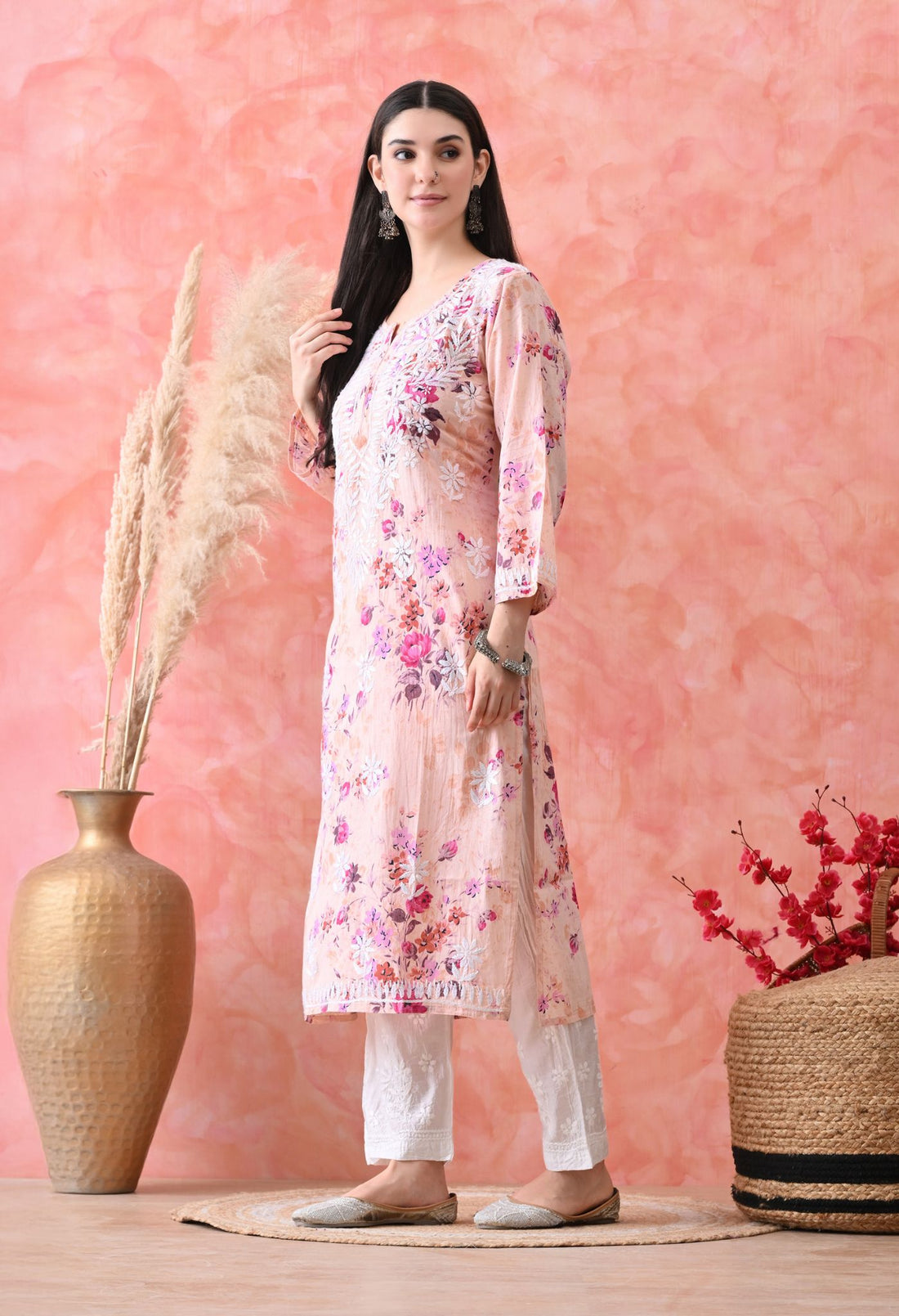 Hand Embroidered Chikankari Mulmul Floral Print Kurta-Orange