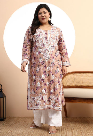 Women Peach Floral Hand-Embroidered Chikankari Mulmul Kurta