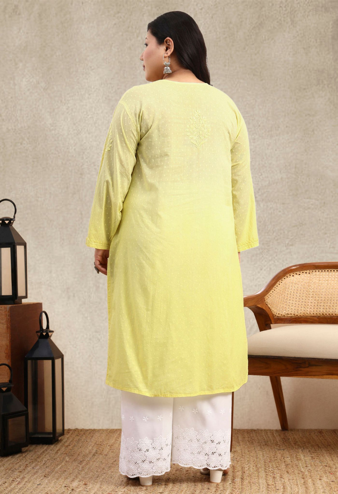 Yellow Ombre Dobby Cotton Plus Size Hand Embroidered Chikankari Kurta