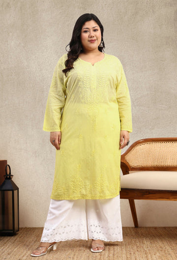 Yellow Ombre Dobby Cotton Plus Size Hand Embroidered Chikankari Kurta