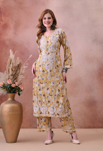 Yellow Hand-Embroidered Chikankari Rayon Kurta & Pant Set
