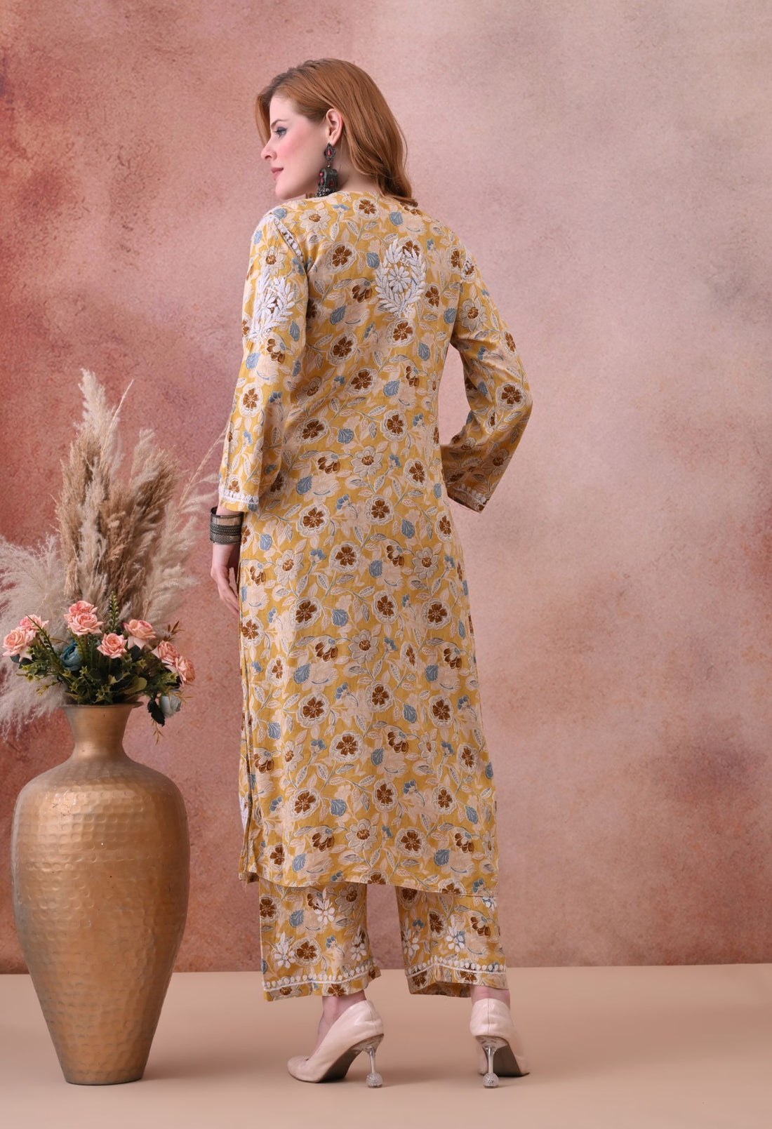 Yellow Hand-Embroidered Chikankari Rayon Kurta & Pant Set