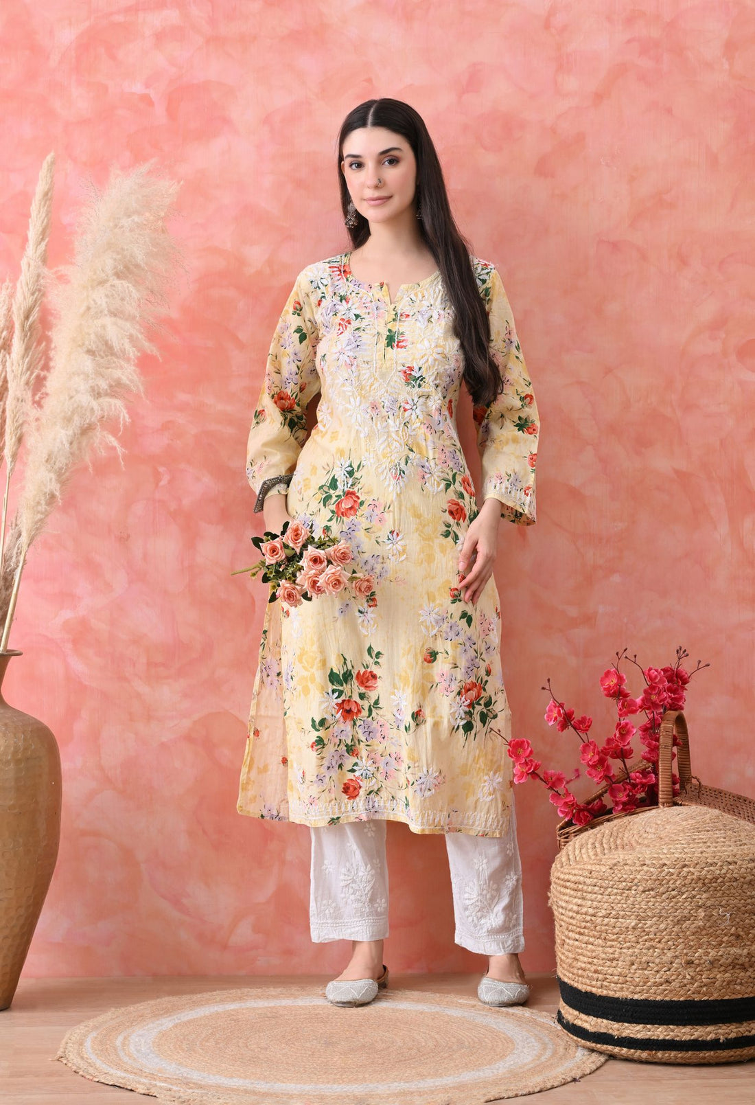 Hand Embroidered Chikankari Mulmul Floral Print Kurta-Lemon Yellow